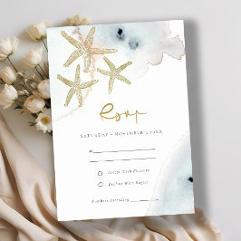 GOLD DUSKY BLUE BEACHY STARFISH WEDING RSVP BEGLEITKARTE