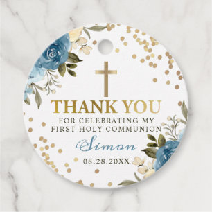Gold Dusky Blue Floral Erste Kommune Vielen Dank Geschenkanhänger