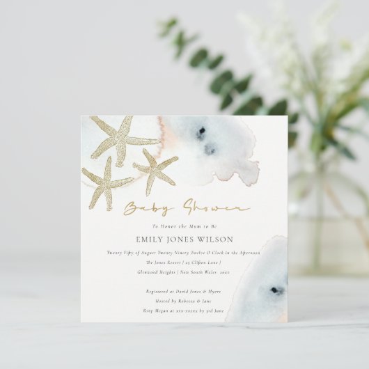Gold Dusky Blue Peach Beachy Starfish Babydusche Einladung (Stehend Vorderseite)