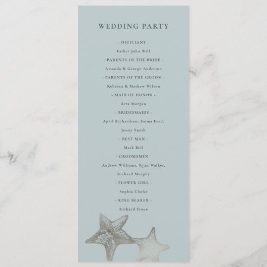 GOLD DUSKY BLUE STARFISH WEDDING CEREMONY PROGRAMM (Rückseite)
