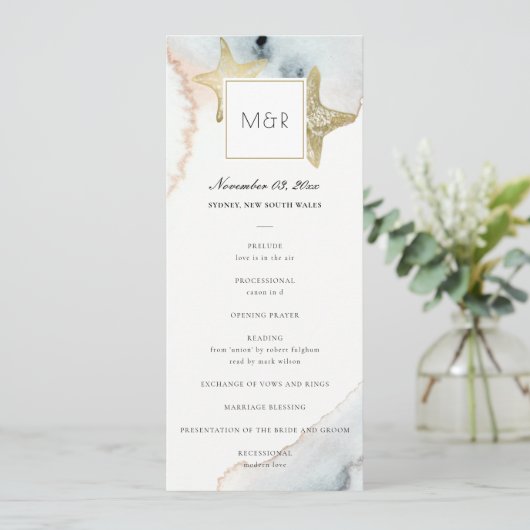 GOLD DUSKY BLUE STARFISH WEDDING CEREMONY PROGRAMM (Stehend Vorderseite)