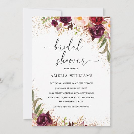 Gold Dust Burgundy Brautparty Einladung (Vorderseite)