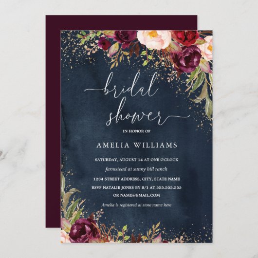 Gold Dust Burgundy Navy Brautparty Einladung (Vorne/Hinten)