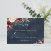 Gold Dust Burgundy Navy Floral RSVP Karte (Stehend Vorderseite)