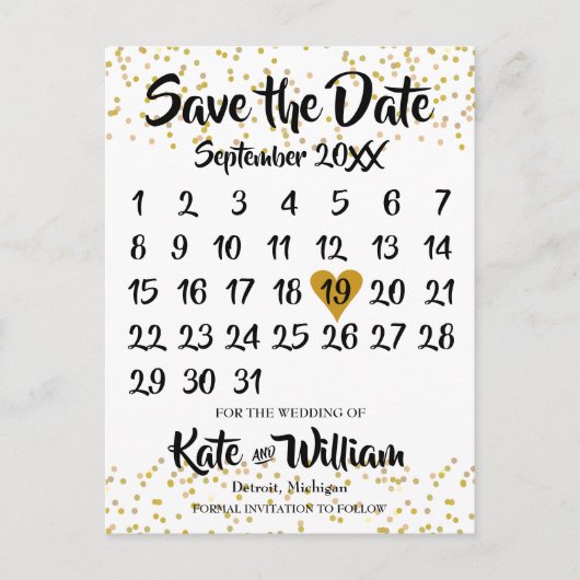 Gold Dust Confetti Kalender Save the Date Foto Ankündigungspostkarte (Vorderseite)