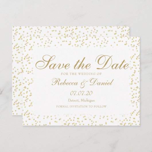 Gold Dust Confetti Script Save the Date Ankündigungspostkarte (Vorne/Hinten)
