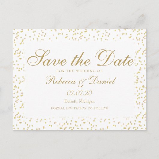 Gold Dust Confetti Script Save the Date Ankündigungspostkarte (Vorderseite)