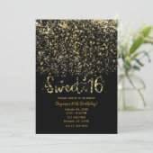 Gold Dust Glitzer & Black Sweet 16 Sechzehn Party Einladung (Stehend Vorderseite)