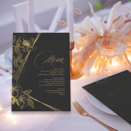 Gold Dust & Konturen Wedding Menu Blk/Gld ID835 Menükarte