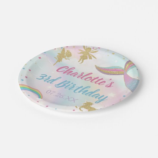 Gold Dust Magical Unicorn Fairy Meerjungfrau Gebur Pappteller (Schrägansicht)