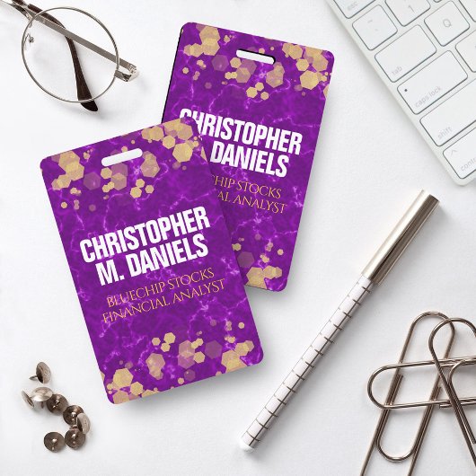 Gold-Dusted Confetti auf Lila ID-Marmor Ausweis