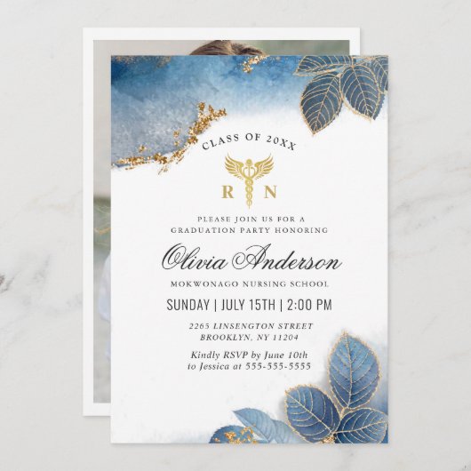 Gold Dusty Blue FOTO Nursing School Abschluss Einladung (Vorne/Hinten)