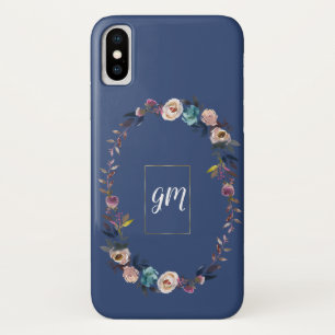Gold Dusty Blue Misty Rose Floral Wreath Monogram Case-Mate iPhone Hülle