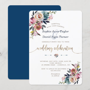 Gold Dusty Blue Pink Blumenblume Hochzeit Einladung