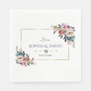 Gold Dusty Blue Pink Floral Wedding Serviette