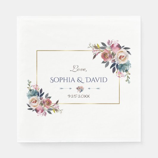 Gold Dusty Blue Pink Floral Wedding Serviette (Vorderseite)