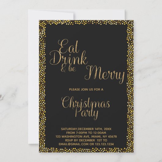 Gold "Eat, Drink & Be Merry" Weihnachten Einladung (Vorderseite)