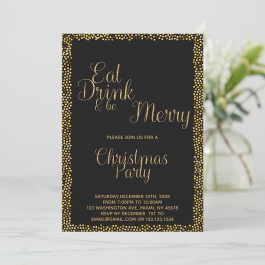 Gold "Eat, Drink & Be Merry" Weihnachten Einladung (Stehend Vorderseite)