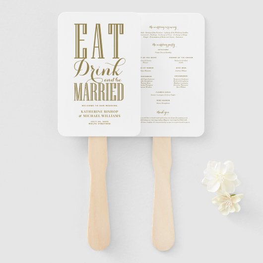 Gold Eat Drink und Sei Verheiratet Hochzeitsprogra Fächer (Vorne und Hinten)