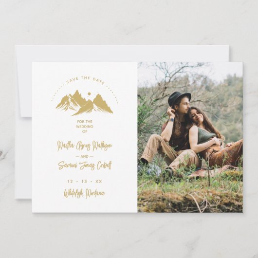 Gold Effect Boho Rustic Mountains Photo Wedding Save The Date (Vorderseite)