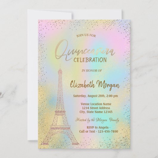 Gold Eiffel Tower Confetti Holographic Quinceañera Einladung (Vorderseite)