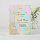 Gold Eiffel Tower Confetti Holographic Quinceañera Einladung (Stehend Vorderseite)