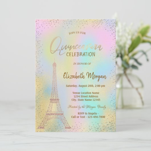 Gold Eiffel Tower Confetti Holographic Quinceañera Einladung (Stehend Vorderseite)