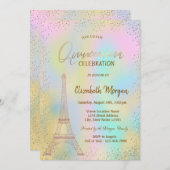Gold Eiffel Tower Confetti Holographic Quinceañera Einladung (Vorne/Hinten)