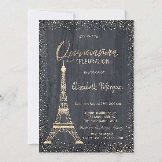 Gold Eiffel Tower Confetti Quinceanera Einladung (Vorderseite)