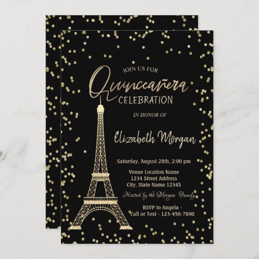 Gold Eiffel Tower Diamonds Black Quinceanera Einladung (Vorne/Hinten)