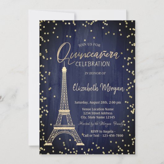 Gold Eiffel Tower Diamonds Navy Blue Quinceanera Einladung (Vorderseite)