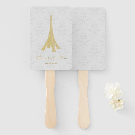 Gold Eiffelturm Damask Hochzeitsfavorit Hand Fan Fächer (Vorne und Hinten)