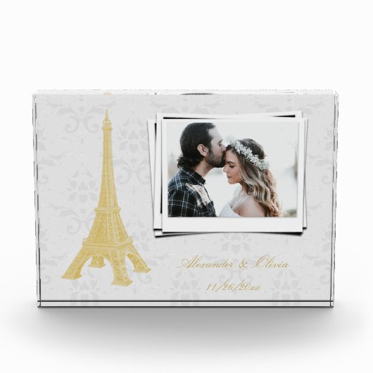 Gold Eiffelturm Damask Hochzeitspaare Fotoblock (Vorderseite)