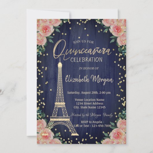 Gold Eiffelturm Diamonds Blume Quinceañera Einladung (Vorderseite)