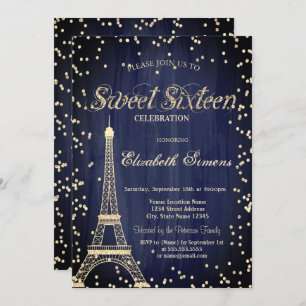 Gold Eiffelturm Diamonds Navy Blue Sweet 16 Einladung