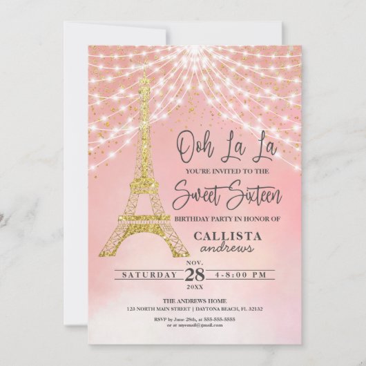 Gold Eiffelturm Glitzer Glitzern Lights Sweet 16 Einladung (Vorderseite)