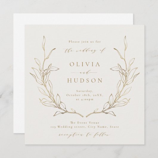 Gold einfache botanische Kranz rustikale Hochzeit Einladung (Vorne/Hinten)