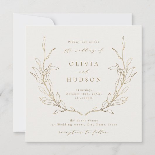 Gold einfache botanische Kranz rustikale Hochzeit Einladung (Vorderseite)