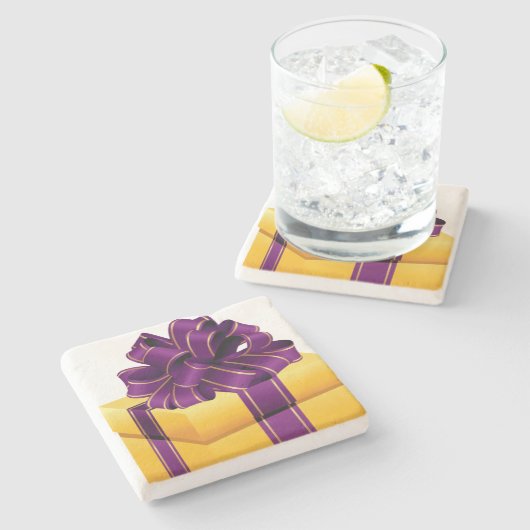 Gold eingewickeltes Geschenk-lila Band-Weihnachten Steinuntersetzer (Seitenansicht)