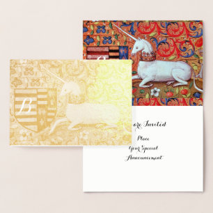 GOLD EINHORN ROT BLAUE BLUMEN HOCHZEIT MONOGRAMM FOLIENKARTE