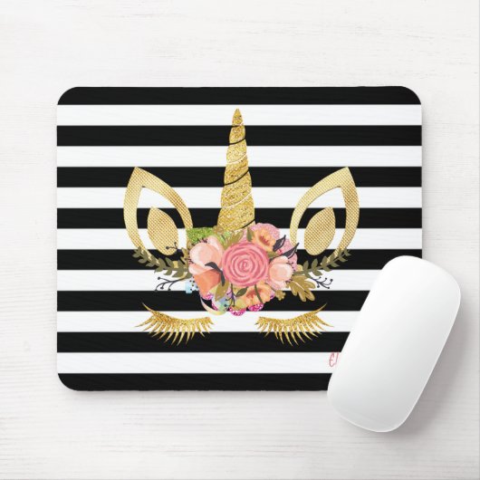 Gold Einhorngesicht, Schwarz-weiße Streifen Mousepad (Mit Mouse)