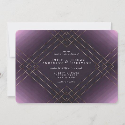 Gold Elegance Lila Diamond Gatsby Wedding Einladung (Vorderseite)