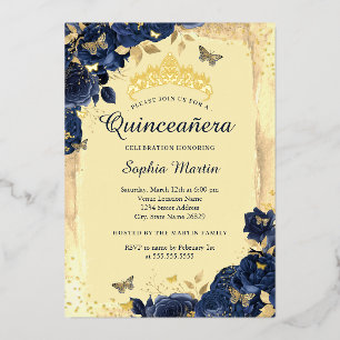 Gold Elegant Floral Butterfly Navy Quinceanera Folieneinladung