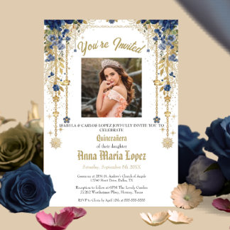 Gold Elegant Florales Foto Mis Quince Quinceañera Einladung