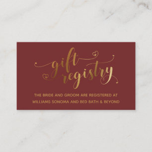 Gold Elegant Hearts Script Burgundy Gift Registry Begleitkarte