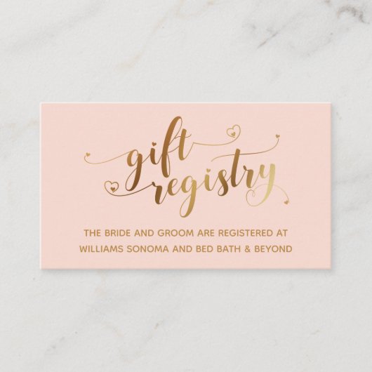 Gold Elegant Hörskript, Blush Gift Registry Begleitkarte (Vorderseite)