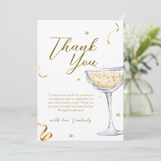Gold Elegante Brunch Bubbly Champagne Baby Dusche Dankeskarte (Stehend Vorderseite)