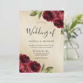 Gold Elegante Burgundy Red Blume Hochzeit Einladung (Stehend Vorderseite)