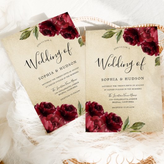 Gold Elegante Burgundy Red Blume Hochzeit Einladung
