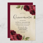 Gold Elegante Burgundy Red Blume Quinceanera Einladung (Vorne/Hinten)